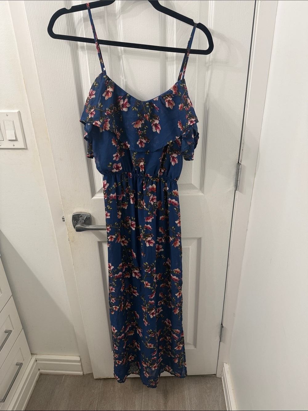 miami Navy Blue Floral Ruffle Maxi Dress
